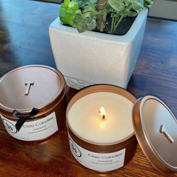 Personalised candle open lid lit ciaocandles